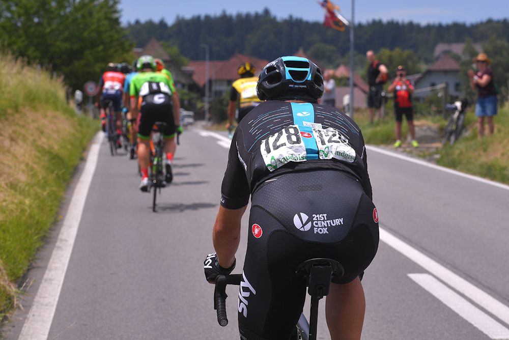 Danny Van Poppel fights to hold onto wheels at the Tour de Suisse