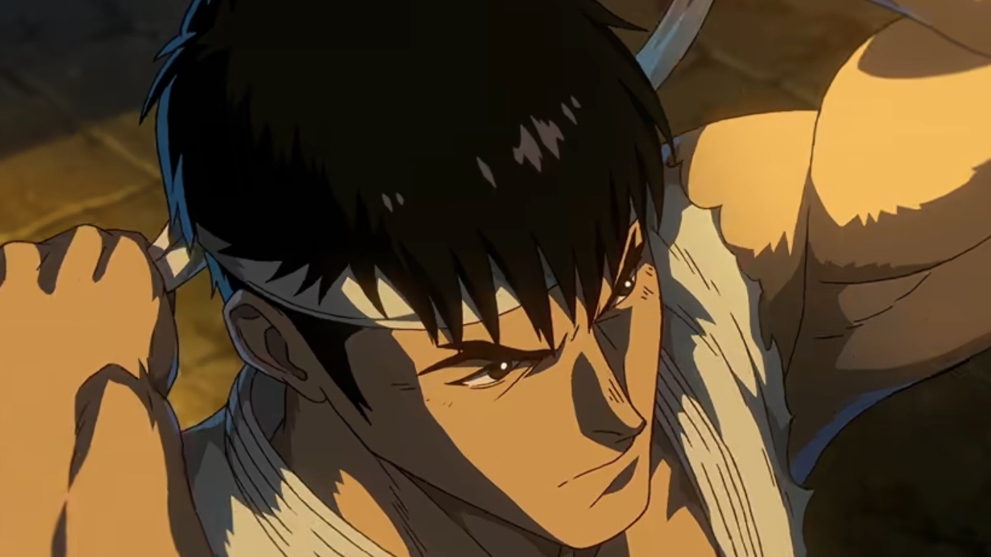 An animated Ryu tying on his headband in Street Fighter
