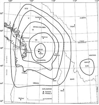 Map of shaking intensity from the 1872 Washington earthquake.