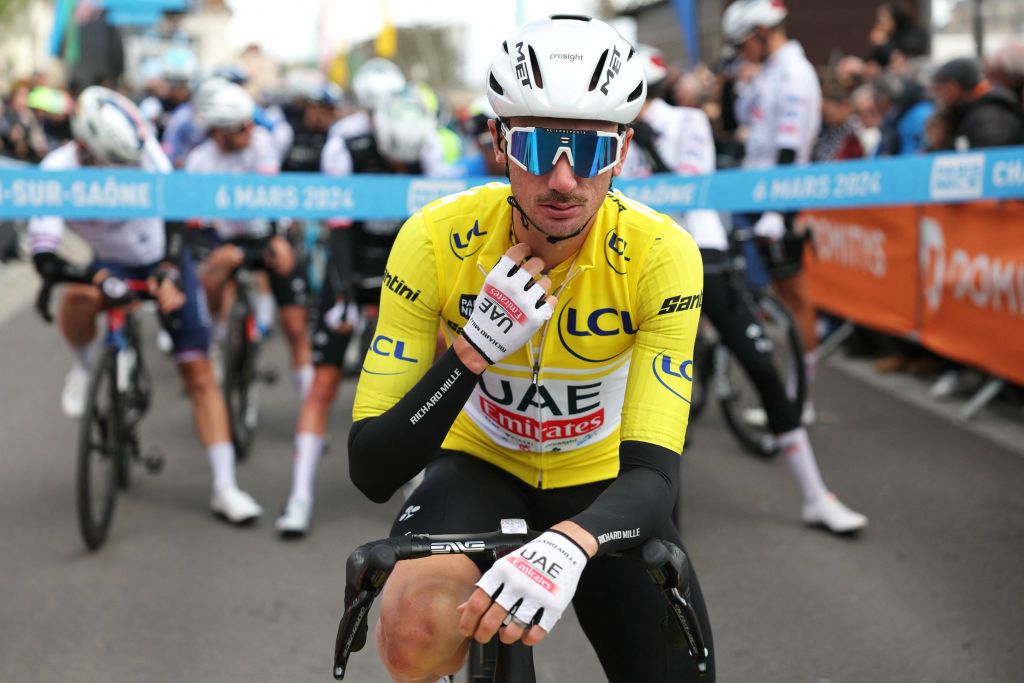 UAE Team Emirates' US cyclist Brandon Mcnulty, wearing his overall leader yellow jersey, waits for the start of the 4th stage of the Paris-Nice cycling race, 183 km between Chalon-sur-Saone and Mont Brouilly, on March 6, 2024. (Photo by Thomas SAMSON / AFP)
