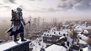 A player looking out towards a snowy town during Assassin's Creed 3.