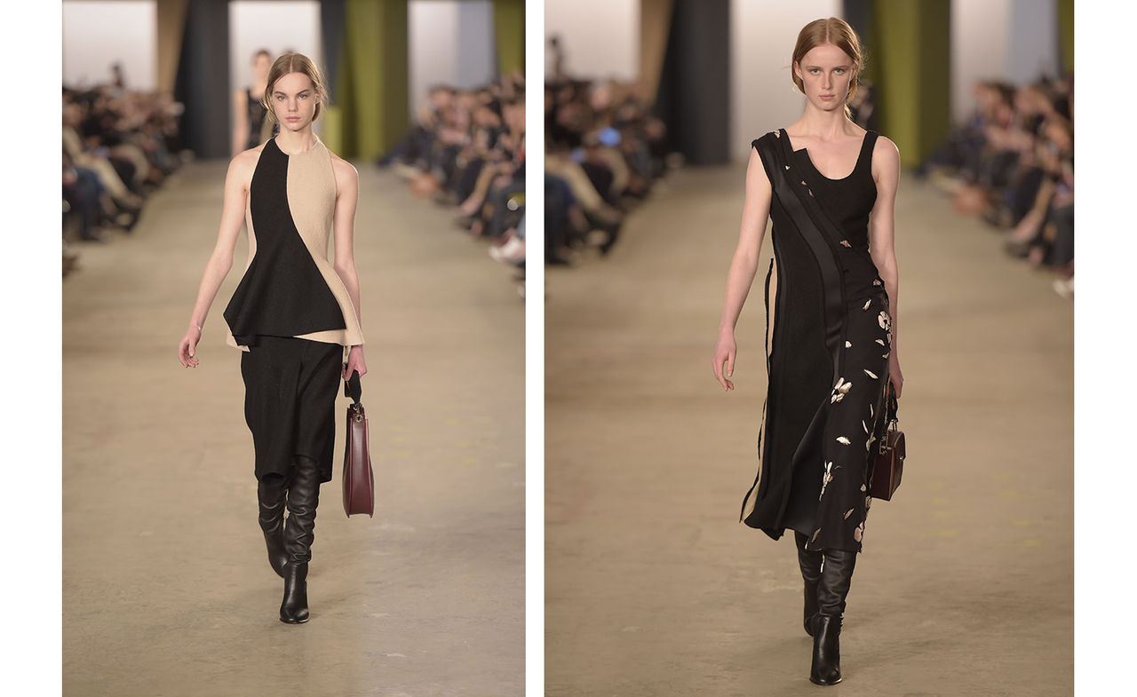 Two models, one wearing a long black &amp; beige two-piece with handbag, the other in a long black dress with handbag.