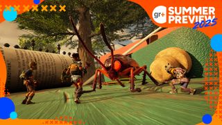 Grounded 2 screenshot showing four players battling a massive bug. Image has GR+ Summer Preview branding.