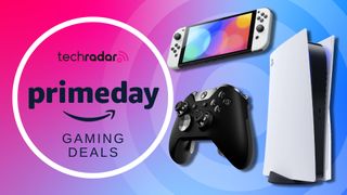 A Nintendo Switch, an Xbox Elite Series 2 controller, and a PS5 on a blue and pink background with Prime Day gaming deals text