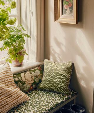 window seat with patterned cushions