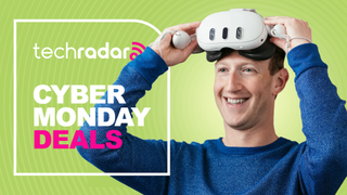 Mark Zuckerberg wearing a Meta Quest 3 and smiling.