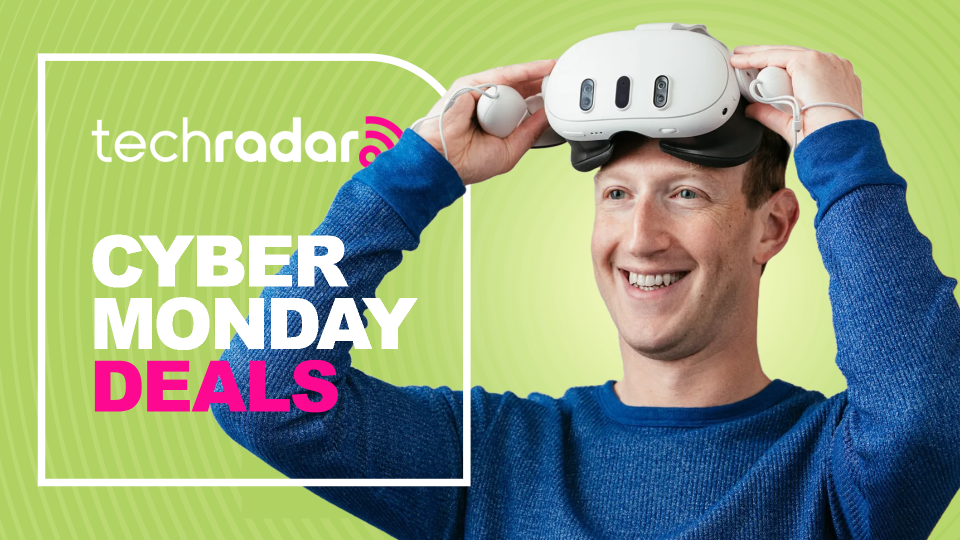 Mark Zuckerberg wearing a Meta Quest 3 and smiling.