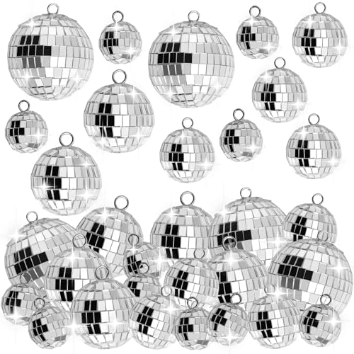 Mirror Disco Ball, Kaluofan 25 Pcs Silver Hanging Disco Ball Decorations, 4 Sizes of Mirror Reflective Mini Glitter Ball Decor for Returning to 70s, Rock and Hip Hop Themed Parties, Birthday, Wedding