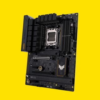 Asus TUF Gaming B650-Plus WiFi motherboard against a yellow background