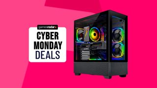 Cyber Monday Skytech Azure gaming PC deal on a pink background