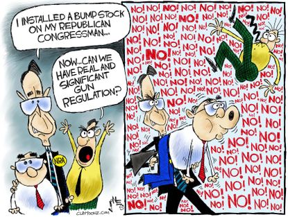 Political cartoon U.S. Las Vegas shooting gun control bump stock NRA
