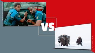 Sony Bravia 8 II and Sony A95L TVs on a grey and red background with a white versus sign between them.