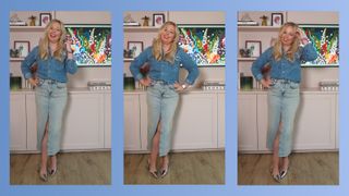 Composite image of Antonia Kraskowski wearing a double denim outfit of denim shirt and skirt