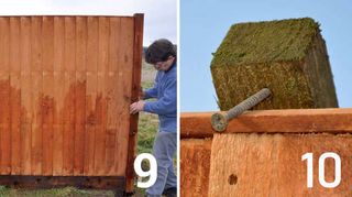 Side by side images. Left: Fence panel being out into place by man. Right: Close up of wodden batten and screw holding up fence panel