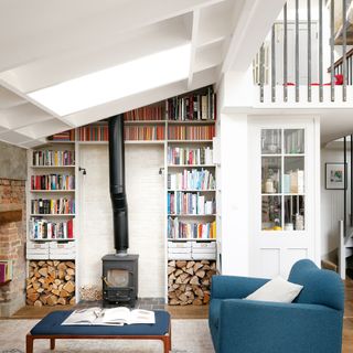 Living room with bookshelves, woodburner and log storage