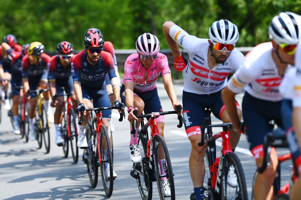 GENOA ITALY MAY 19 Juan Pedro Lpez of Spain and Team Trek Segafredo pink leader jersey competes during the 105th Giro dItalia 2022 Stage 12 a 204km stage from Parma to Genova Giro WorldTour on May 19 2022 in Genoa Italy Photo by Tim de WaeleGetty Images