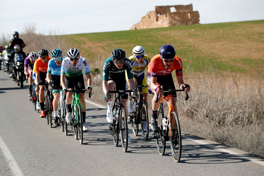 IZNAJAR SPAIN FEBRUARY 16 A general view of Alvaro Cuadros Morata of Spain and Team Caja RuralAlea Xabier Isasa of Spain and Team Euskaltel Euskadi Lindsay De Vylder of Belgium and Team Sport Vlaanderen Baloise Rune Herregodts of Belgium and Team Sport Vlaanderen Baloise Vojtech Repa of Czech Republic and Team Equipo Kern Pharma Ander Okamika Bengoetxea of Spain and Team Burgos BH Mark Christian of United Kingdom and EoloKometa Cycling Team and Stephen Bassett of United States and Human Powered Health Team compete in the breakaway during the 68th Vuelta A Andalucia Ruta Del Sol 2022 Stage 1 a 2007km at stage from Ubrique to Iznjar 514m 68RdS on February 16 2022 in Iznjar Spain Photo by Bas CzerwinskiGetty Images