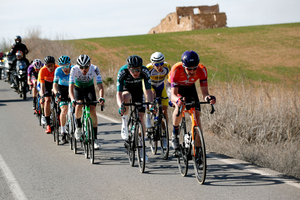 IZNAJAR SPAIN FEBRUARY 16 A general view of Alvaro Cuadros Morata of Spain and Team Caja RuralAlea Xabier Isasa of Spain and Team Euskaltel Euskadi Lindsay De Vylder of Belgium and Team Sport Vlaanderen Baloise Rune Herregodts of Belgium and Team Sport Vlaanderen Baloise Vojtech Repa of Czech Republic and Team Equipo Kern Pharma Ander Okamika Bengoetxea of Spain and Team Burgos BH Mark Christian of United Kingdom and EoloKometa Cycling Team and Stephen Bassett of United States and Human Powered Health Team compete in the breakaway during the 68th Vuelta A Andalucia Ruta Del Sol 2022 Stage 1 a 2007km at stage from Ubrique to Iznjar 514m 68RdS on February 16 2022 in Iznjar Spain Photo by Bas CzerwinskiGetty Images