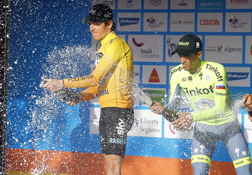 Geraint Thomas and Alberto Contador celebrate on the final podium at Algarve