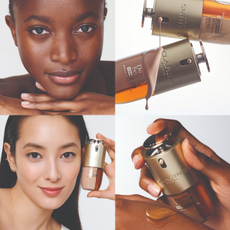 Image made up of four smaller images showing models using the Clarins Double Serum Foundation