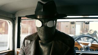 Nic Cage dressed as Spider-Noir, Black suit, long coat, and hat, in the show of the same name (2026).