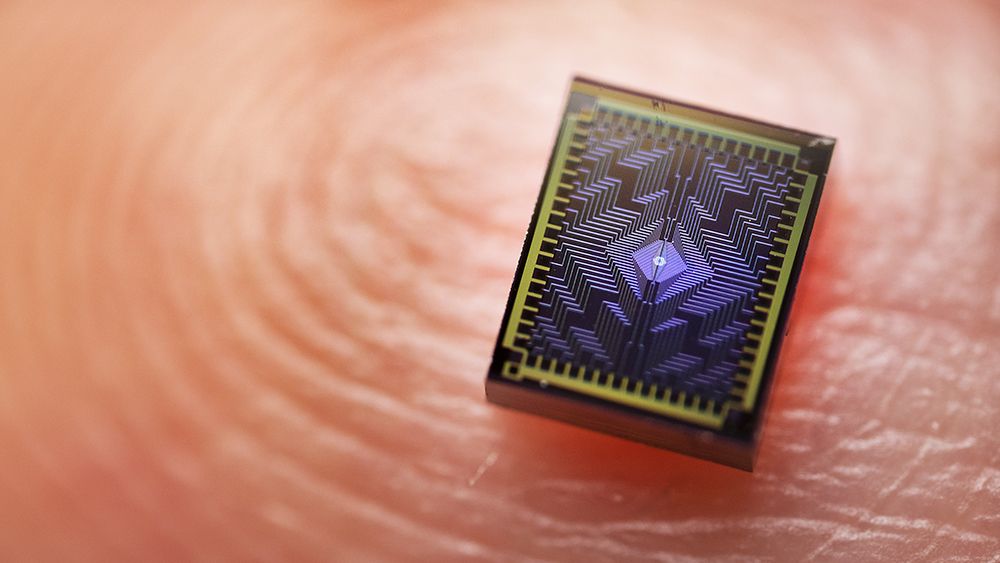 Intel&#039;s Tunnel Falls 12-qubit chip on a human finger for scale