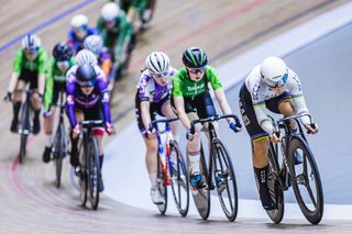 Neah Evans leads the bunch in the points race at the National Track Championships 2023