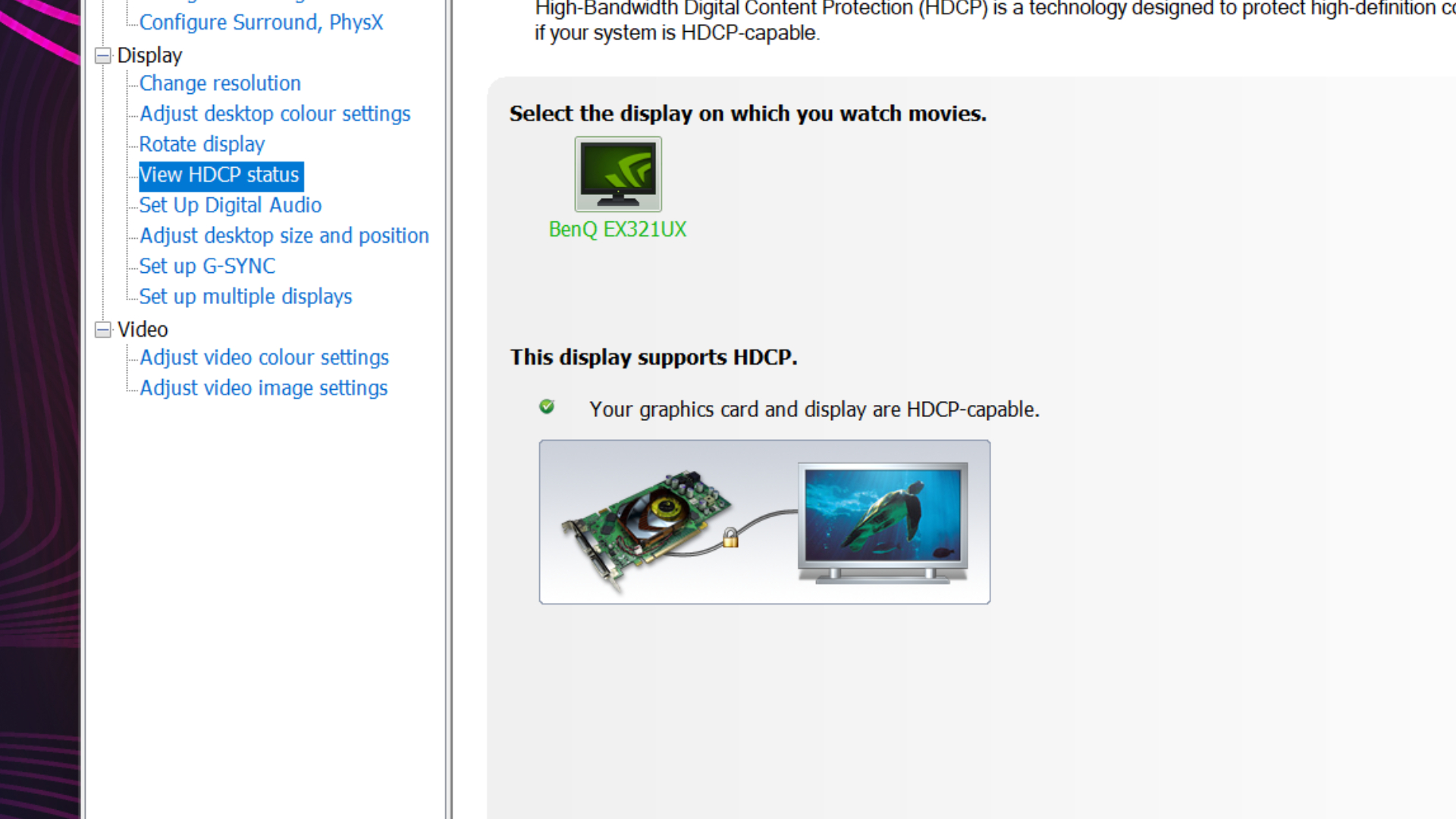 An HDCP settings page in the Nvidia Control Panel