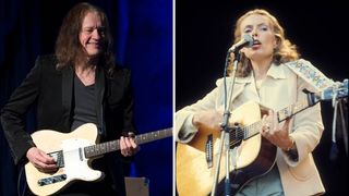 Robben Ford [left] wears a dark suit jacket and v-neck t-shirt as he plays a blonde Telecaster onstage. Photographed in 1975, Joni Mitchell [right] plays her Martin dreadnought live onstage at Wembley Stadium.