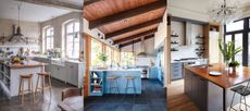 Three examples of kitchen makeovers. Rustic style kitchen with kitchen island. Blue kitchen with sloped wooden ceiling. Modern kitchen with kitchen island with wooden countertop
