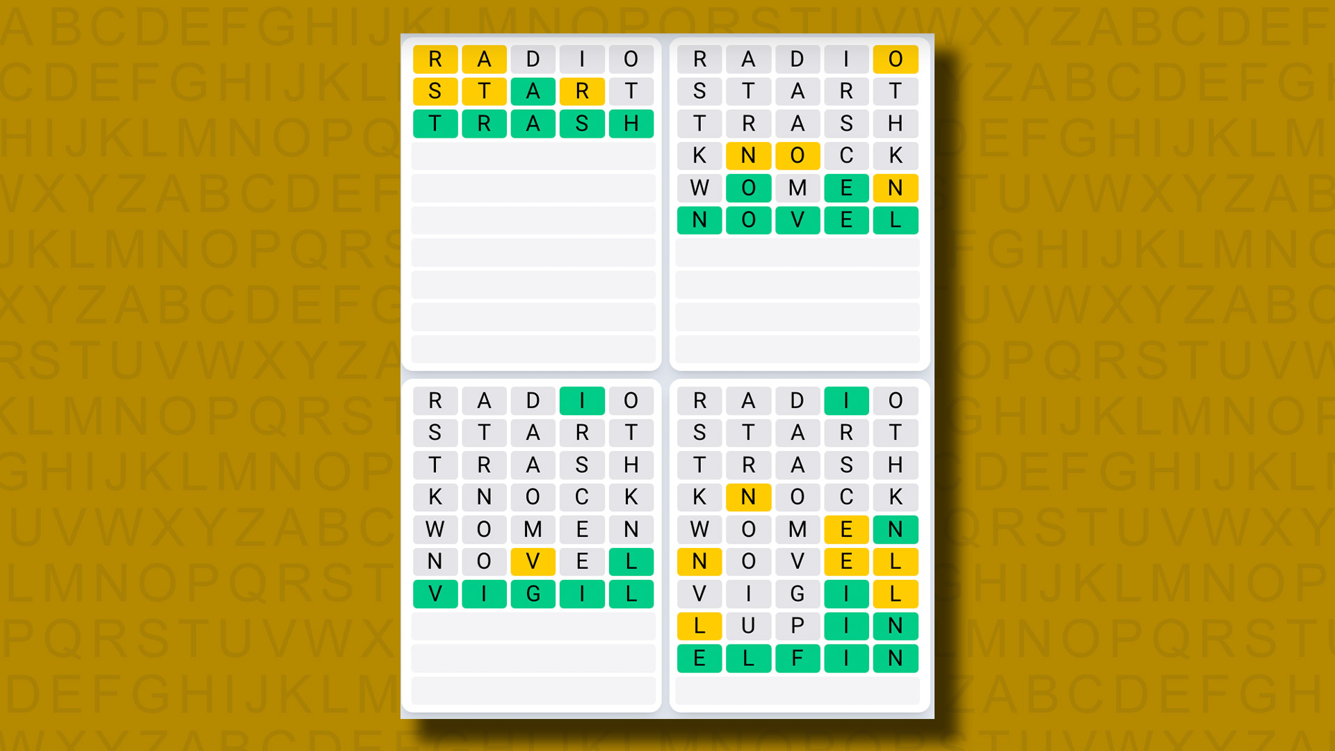 Quordle Daily Sequence answers for game 1218 on a yellow background