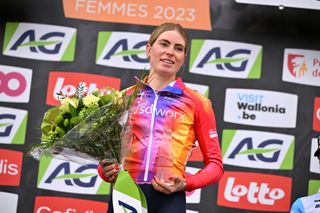 HUY BELGIUM APRIL 19 Demi Vollering of The Netherlands and Team SD Worx celebrates at podium as race winner during the 26th La Fleche Wallonne Feminine 2023 a 1273km one day race from Huy to Mur de Huy UCIWWT on April 19 2023 in Huy Belgium Photo by David StockmanGetty Images