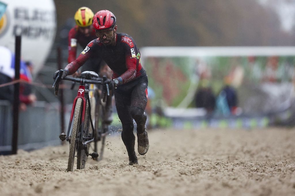 Belgian Eli Iserbyt pictured in action during the mens race of the Aardbeiencross cyclocross event fourth stage 48 of the Superprestige cyclocross cycling competition Saturday 18 November 2023 in Merksplas BELGA PHOTO DAVID PINTENS Photo by DAVID PINTENS BELGA MAG Belga via AFP Photo by DAVID PINTENSBELGA MAGAFP via Getty Images