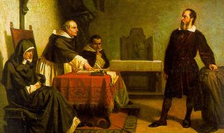 An 1857 painting titled 'Galileo facing the Roman Inquisition' shows the astronomer standing trial before the Roman Catholic Church inquisitors.