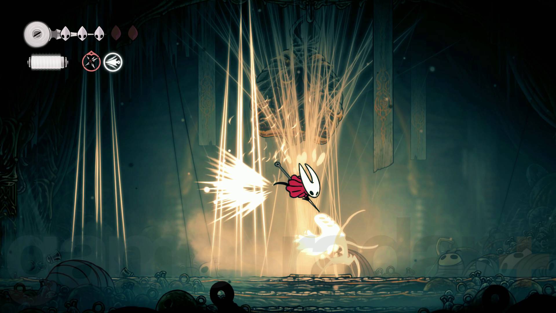Hollow Knight Silksong Widow boss scuttling on the ground while Hornet hits their head