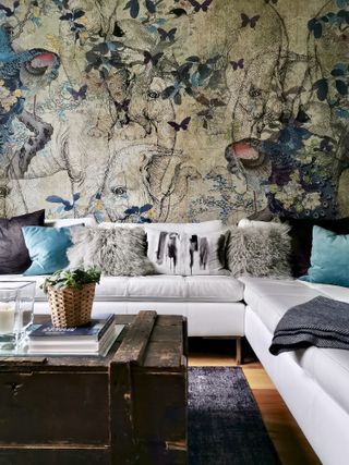 Living room with gold and blue mural