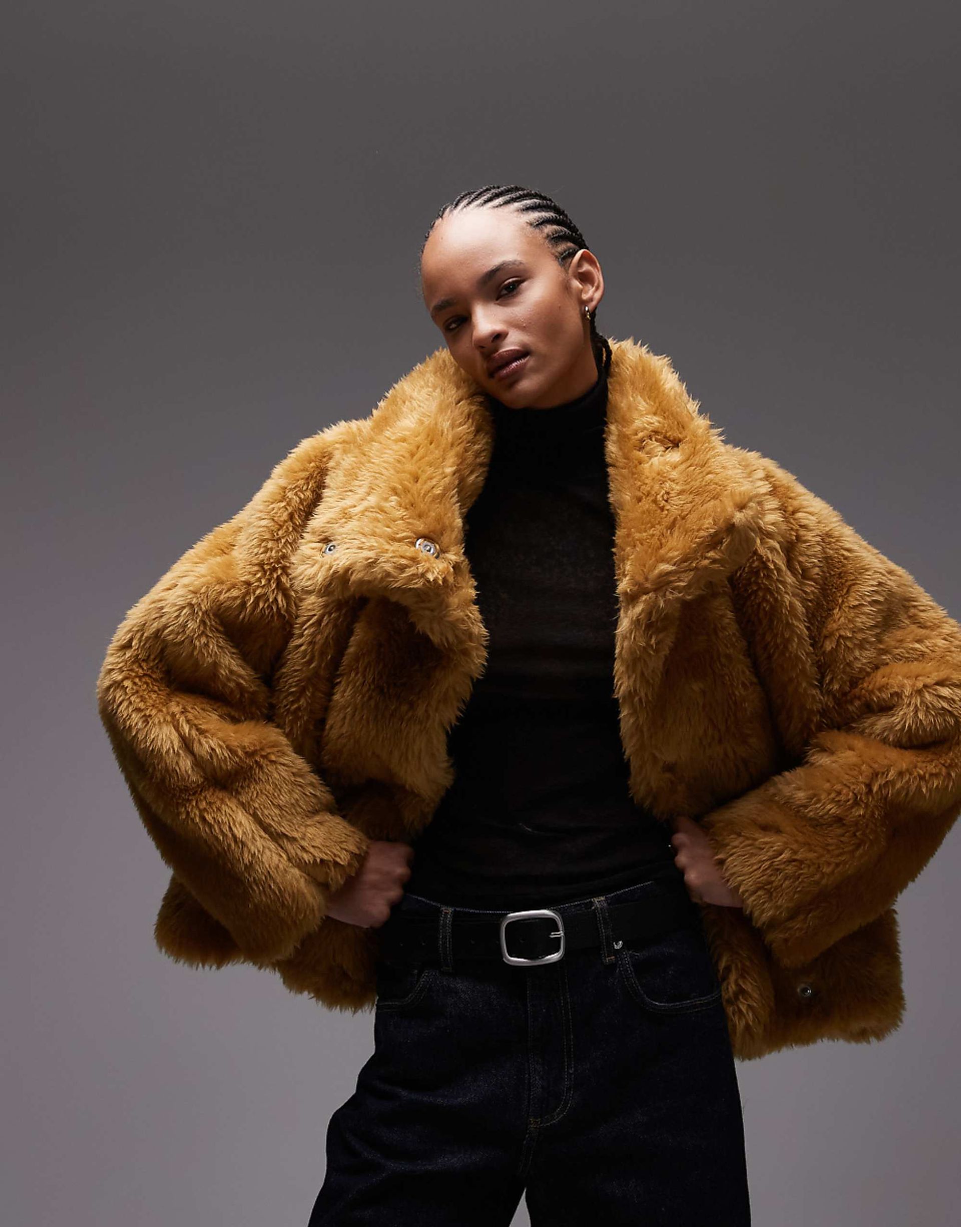 Asos Design Faux Fur Bubble Hem Bomber Jacket in Ochre