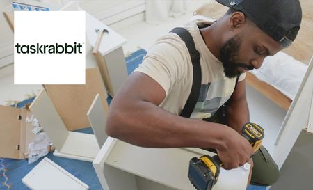 Taskrabbit logo top left with an image of a man building shelves