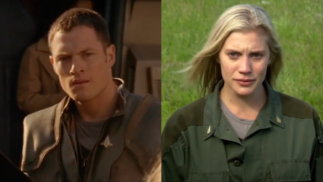 Tahmoh Penikett and Katee Sackhoff in Battlestar Galactica