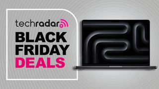 Apple 14-inch MacBook Pro M5 laptop against a grey TechRadar deals background