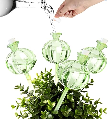 Ouzhou Plant Watering Globes, 4 Pack Glass Plant Watering Devices, Self Watering Plant Spikes, Automatic Watering Globes Vacation Plant Waterer for Outdoor Indoor Garden Plants Flowers
