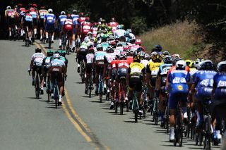 The peloton lines out during stage 5 of the 2018 Tour of California