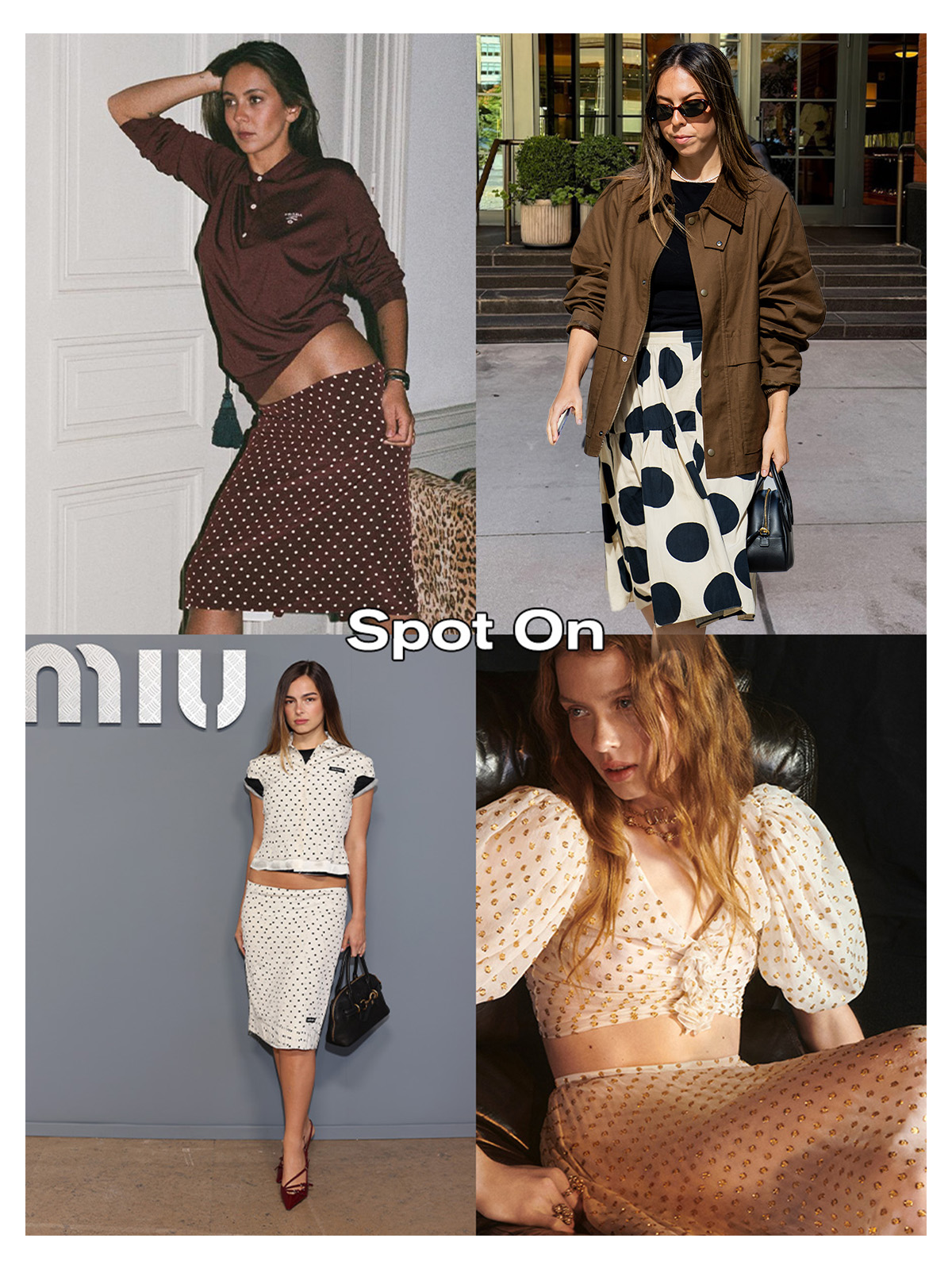 A collage of four polka dot skirt images with the words "Spot On" in the center.