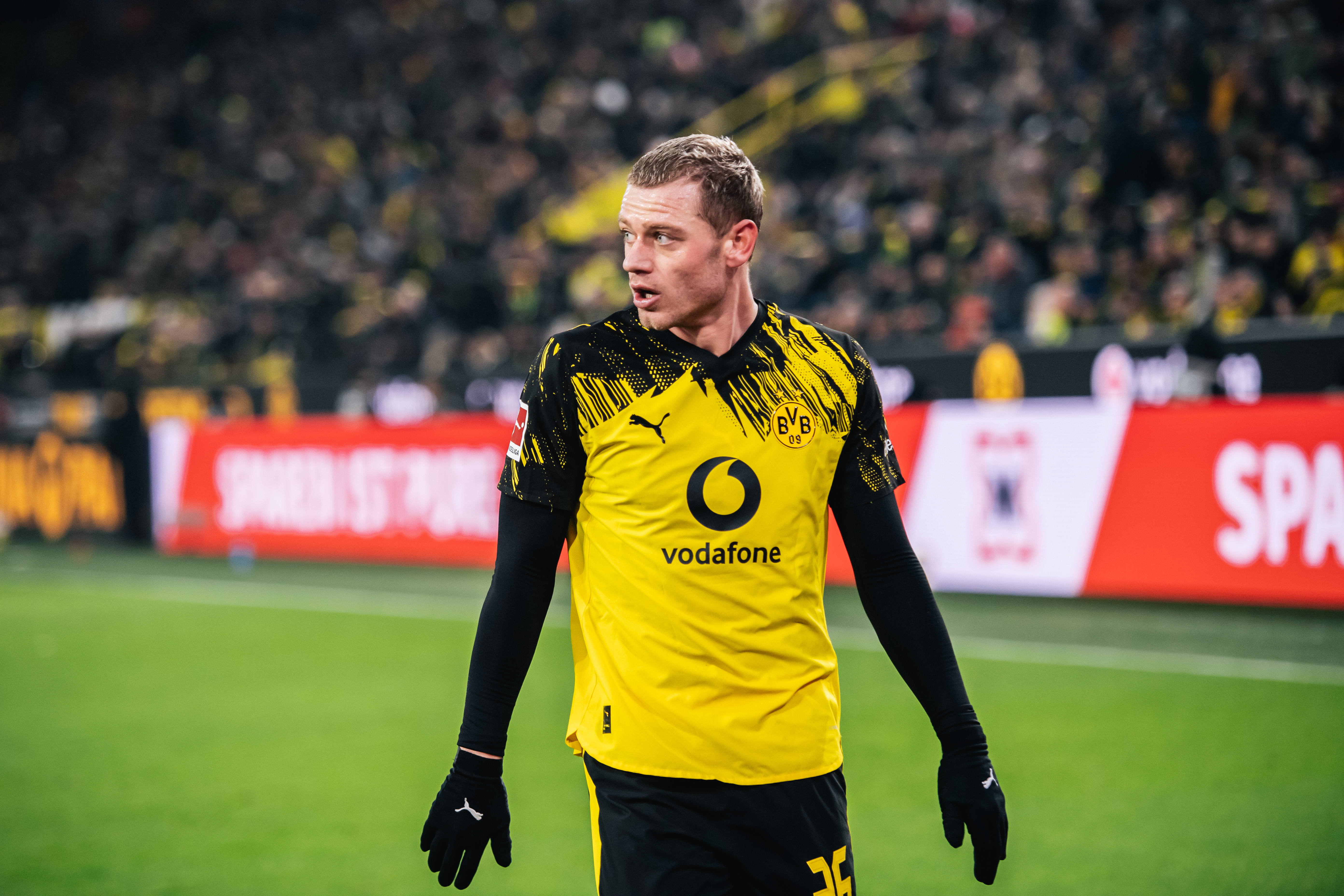 Julian Ryerson of Borussia Dortmund looks on during the Bundesliga match between Borussia Dortmund and 1. FSV Mainz 05 at Signal Iduna Park in Dortmund, Germany, on February 13, 2026. (Photo by Hesham Elsherif/NurPhoto via Getty Images)