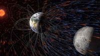 An illustration of particles moving through space from Earth to the moon with the sun to the left of the image and the Earth's magnetic field lines visible