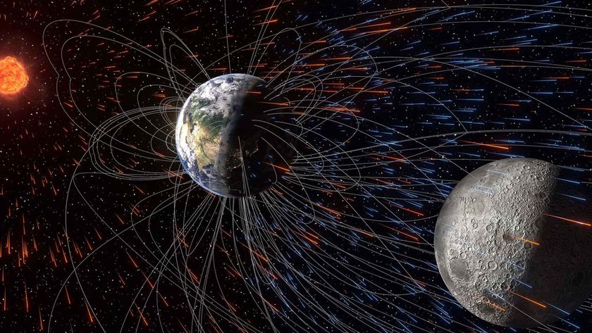 An illustration of particles moving through space from Earth to the moon with the sun to the left of the image and the Earth's magnetic field lines visible