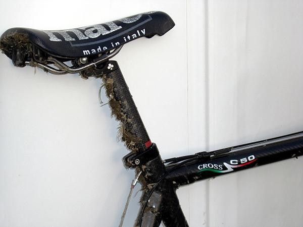 The "Freuler" style elongated seat lug provides a more stable and rigid platform for the tall Boom, who uses Selle San Marco's classic Concor saddle. The rear brake cable is routed directly (and very unconventionally) through the center of the seat lug with an improvised noodle from a linear-pull MTB brake.