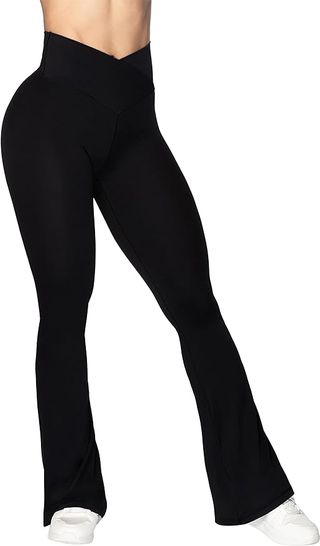 Sunzel, Sunzel Flare Leggings, Crossover Yoga Pants With Tummy Control, High-Waisted and Wide Leg, 28" Inseam, Black X-Small