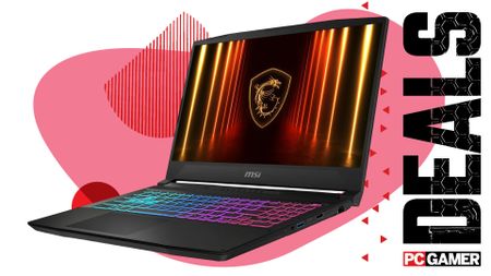 An image of an MSI gaming laptop, against a colorful, stylized background, with the phrase 'Deals' and a PC Gamer logo on the right side