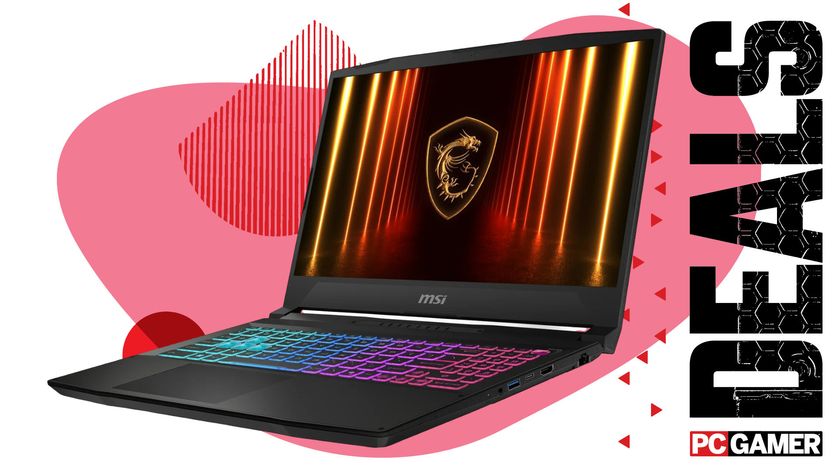 An image of an MSI gaming laptop, against a colorful, stylized background, with the phrase 'Deals' and a PC Gamer logo on the right side